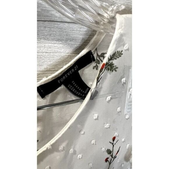 FOREVER 21‎ Women's Off-White Floral Printed Sheer Lace Trim Ruffled Sleeve - Picture 8 of 10